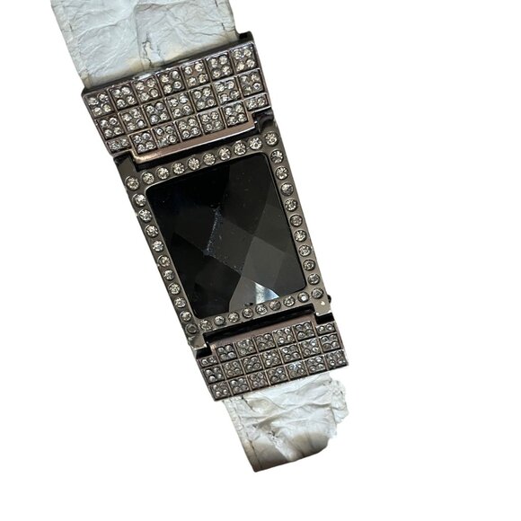 White Crocodile Embossed Leather Belt With Rhinestone Buckle & Tip By Los Altos - Picture 11 of 15